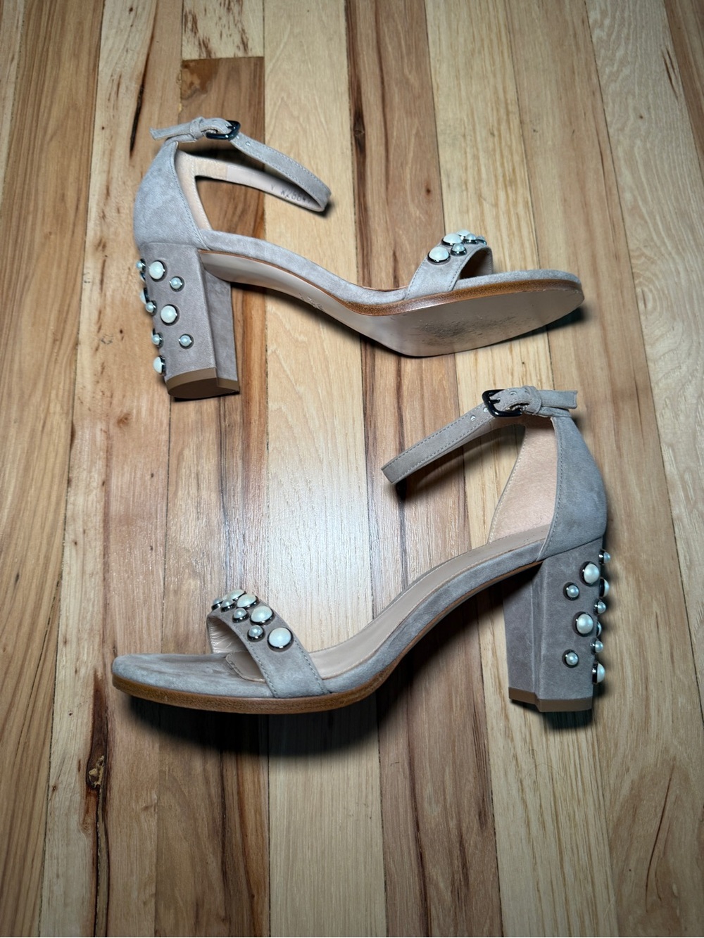 Stuart Weitzman More Pearls Genuine Suede Leather Block Heel Sandals